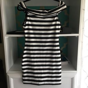 Off the Shoulder Black/White Stripe Jersey Dress